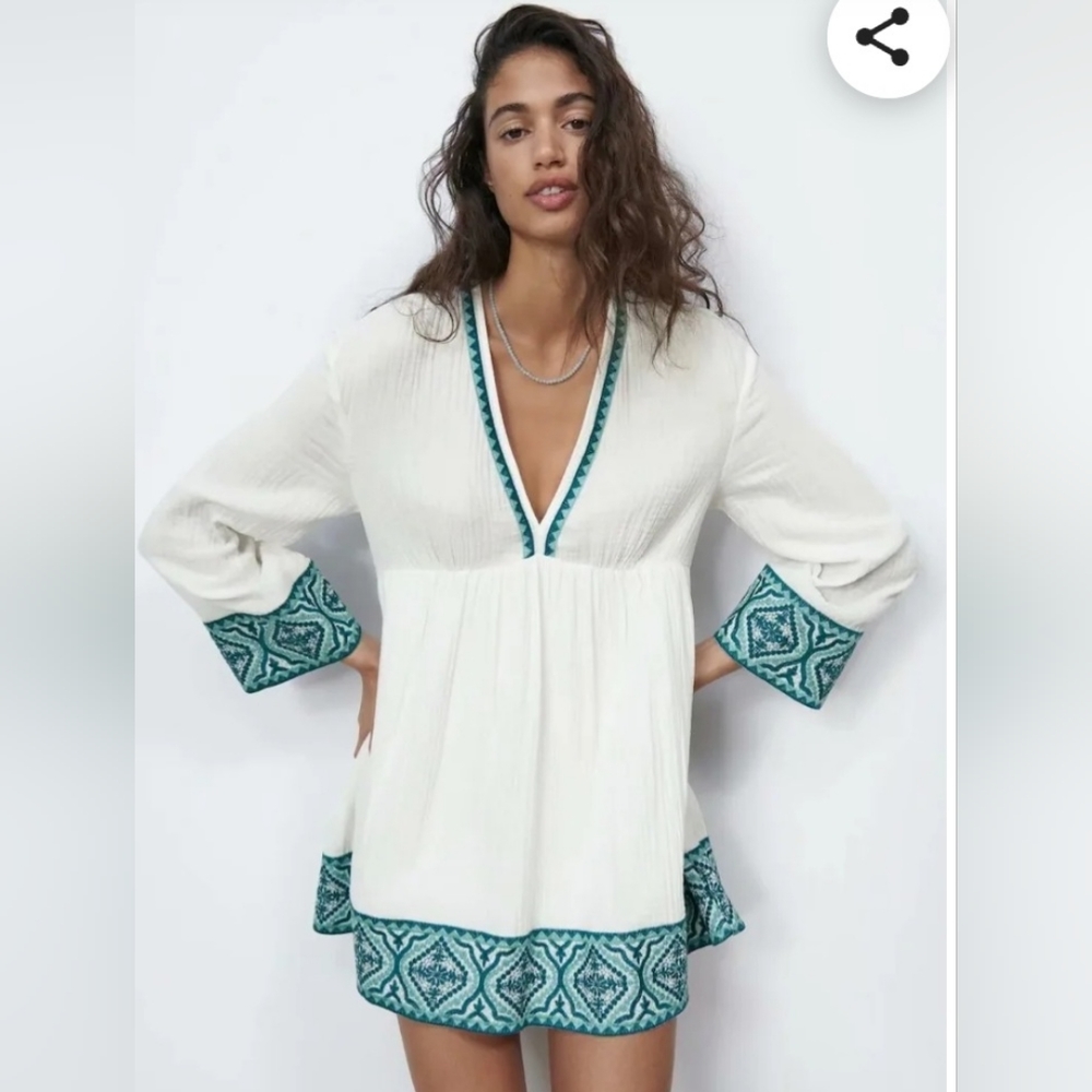 NWT Zara embroidery white and green bohemian dress